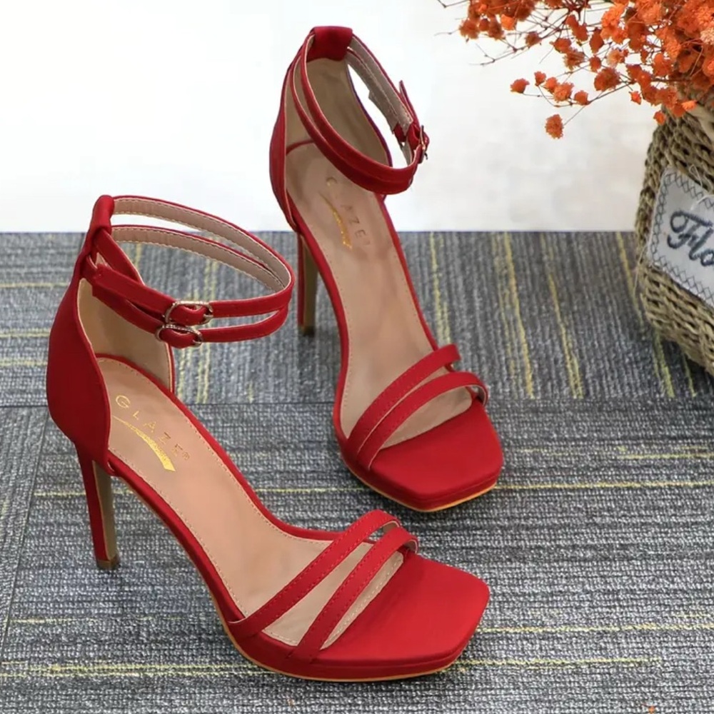 Vibrant Red High Heel Stilettos with Ankle Strap - Picture 8 of 10